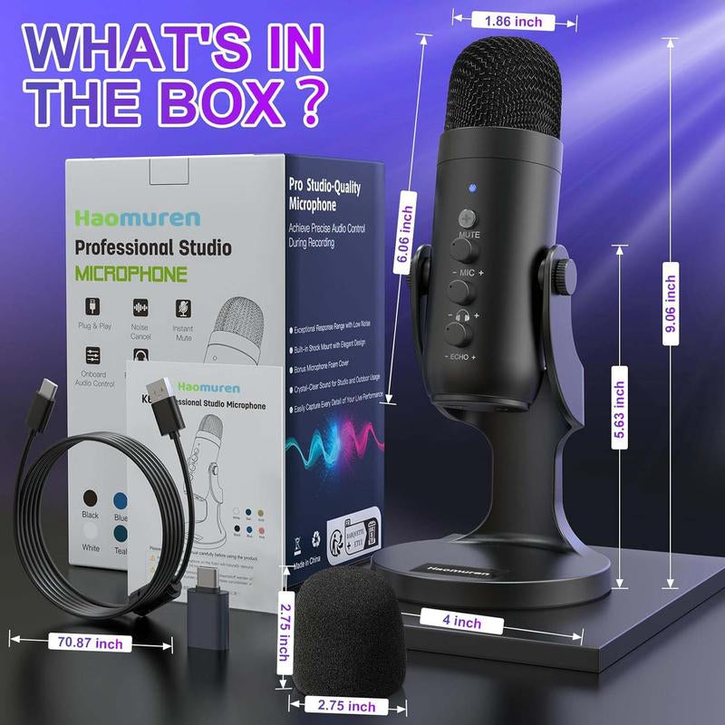 Haomuren K66 USB Condenser Microphone,Computer PC Gaming Mic,Plug&Play Microphones for PS 4&5.Monitor Adjust&Volume Control,Mic Gain Control,Mute Button for Tiktok,Youtube Podcast on Mac&Windows, Gift for Festival Audio Black