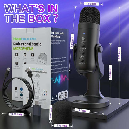 Haomuren K66 USB Condenser Microphone,Computer PC Gaming Mic,Plug&Play Microphones for PS 4&5.Monitor Adjust&Volume Control,Mic Gain Control,Mute Button for Tiktok,Youtube Podcast on Mac&Windows, Gift for Festival Audio Black