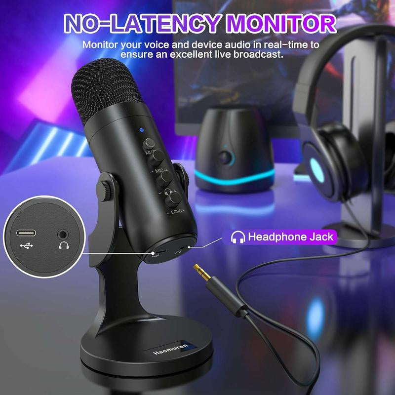 Haomuren K66 USB Condenser Microphone,Computer PC Gaming Mic,Plug&Play Microphones for PS 4&5.Monitor Adjust&Volume Control,Mic Gain Control,Mute Button for Tiktok,Youtube Podcast on Mac&Windows, Gift for Festival Audio Black