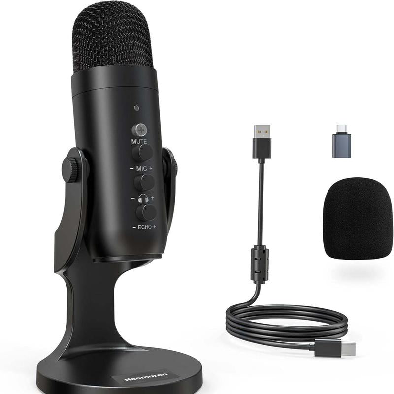 Haomuren K66 USB Condenser Microphone,Computer PC Gaming Mic,Plug&Play Microphones for PS 4&5.Monitor Adjust&Volume Control,Mic Gain Control,Mute Button for Tiktok,Youtube Podcast on Mac&Windows, Gift for Festival Audio Black