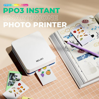 Nelko Pocket PP03 Instant Smartphone Inkjet Photo Printer with 100 Photo Papers, Portable Mini Color Wireless Mobile Printer, Bluetooth Compatible with Ios & Android Devices, Fun Editing App