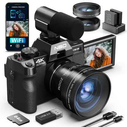 NBD Tiktokshopblackfriday 48MP Digital Cameras 4K 16X Zoom Travel Camera with 180° Flip Screen Auto Focus Macro Lens 2 Batteries 64GB TF Card Black Tech Gadgets Compact