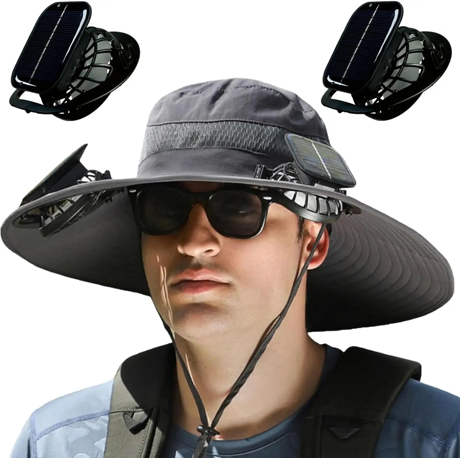 Wide Brim Solar Fan Outdoor Fishing Hat,Men Sun Hat with 2 Solar Fan Fishing Hats