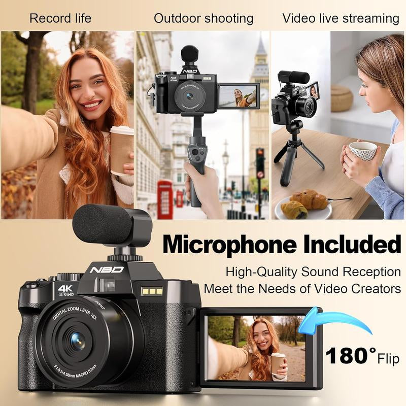 NBD Tiktokshopblackfriday 48MP Digital Cameras 4K 16X Zoom Travel Camera with 180° Flip Screen Auto Focus Macro Lens 2 Batteries 64GB TF Card Black Tech Gadgets Compact