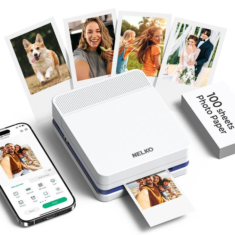 Nelko Pocket PP03 Instant Smartphone Inkjet Photo Printer with 100 Photo Papers, Portable Mini Color Wireless Mobile Printer, Bluetooth Compatible with Ios & Android Devices, Fun Editing App