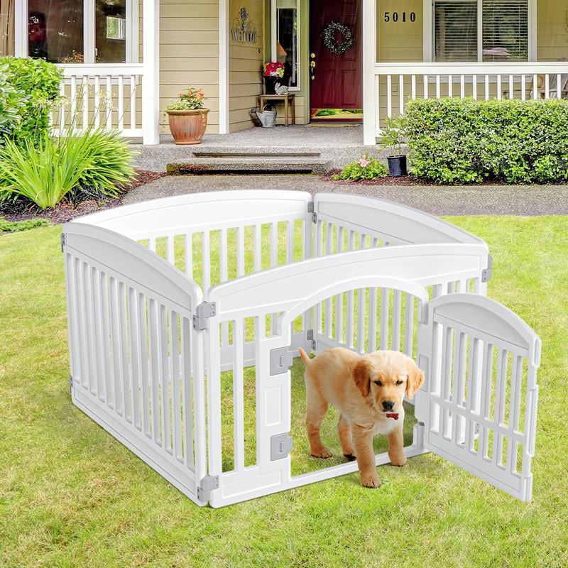 White Foldable Pet Playpen for Indoor & Outdoor Use | 4 Panels with Door | Dense Bite-Resistant Non-Toxic Plastic | Safe Play Area for Small to Medium Dogs & Cats
