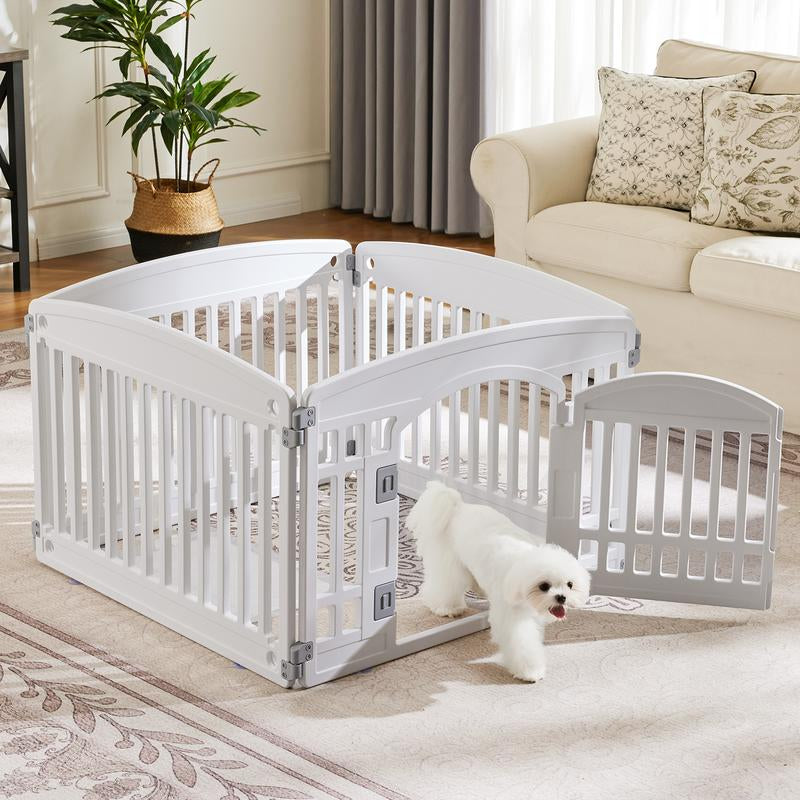 White Foldable Pet Playpen for Indoor & Outdoor Use | 4 Panels with Door | Dense Bite-Resistant Non-Toxic Plastic | Safe Play Area for Small to Medium Dogs & Cats