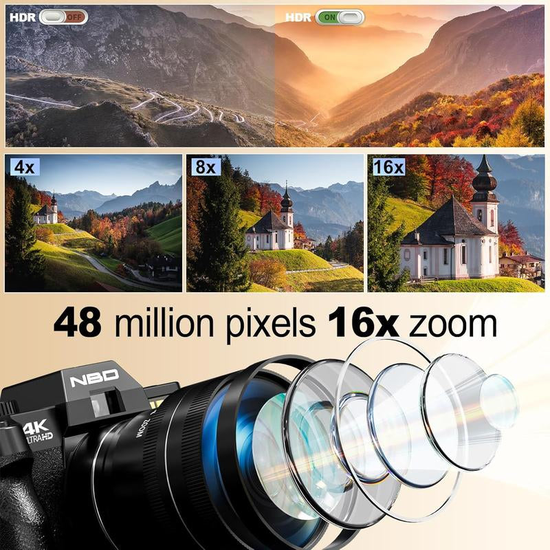 NBD Tiktokshopblackfriday 48MP Digital Cameras 4K 16X Zoom Travel Camera with 180° Flip Screen Auto Focus Macro Lens 2 Batteries 64GB TF Card Black Tech Gadgets Compact