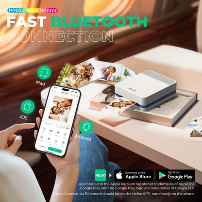 Nelko Pocket PP03 Instant Smartphone Inkjet Photo Printer with 100 Photo Papers, Portable Mini Color Wireless Mobile Printer, Bluetooth Compatible with Ios & Android Devices, Fun Editing App