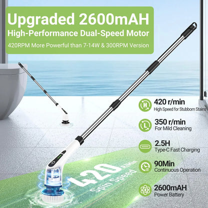 Electric Spin Scrubber, Cordless Cleaning Brush with 8 Replaceable Brush Heads, Power Shower Scrubber with Long Handle for Floor, Tile, Bathroom, Tub