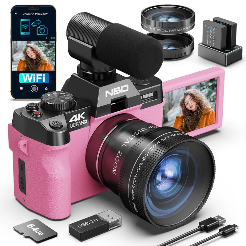 NBD Tiktokshopblackfriday 48MP Digital Cameras 4K 16X Zoom Travel Camera with 180° Flip Screen Auto Focus Macro Lens 2 Batteries 64GB TF Card Black Tech Gadgets Compact