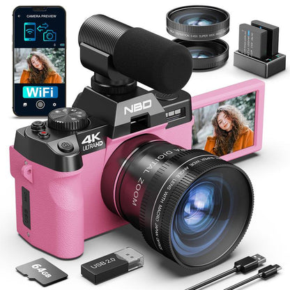 NBD Tiktokshopblackfriday 48MP Digital Cameras 4K 16X Zoom Travel Camera with 180° Flip Screen Auto Focus Macro Lens 2 Batteries 64GB TF Card Black Tech Gadgets Compact