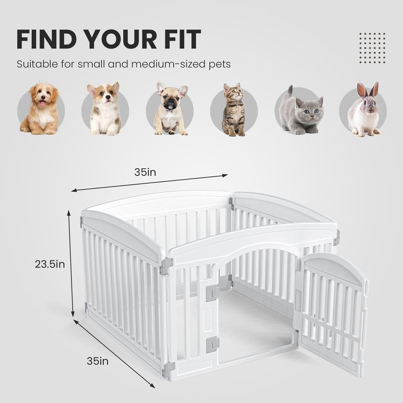 White Foldable Pet Playpen for Indoor & Outdoor Use | 4 Panels with Door | Dense Bite-Resistant Non-Toxic Plastic | Safe Play Area for Small to Medium Dogs & Cats