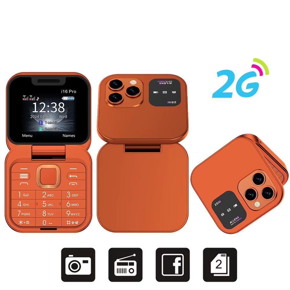 I16Pro Small Foldable Mobile Phone Auto Call Record Speed Dial FM Radio Mini Flip Telephones 2 Card GSM Unlocked Cellphone