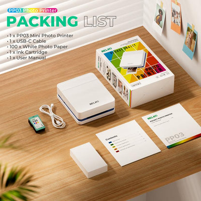 Nelko Pocket PP03 Instant Smartphone Inkjet Photo Printer with 100 Photo Papers, Portable Mini Color Wireless Mobile Printer, Bluetooth Compatible with Ios & Android Devices, Fun Editing App