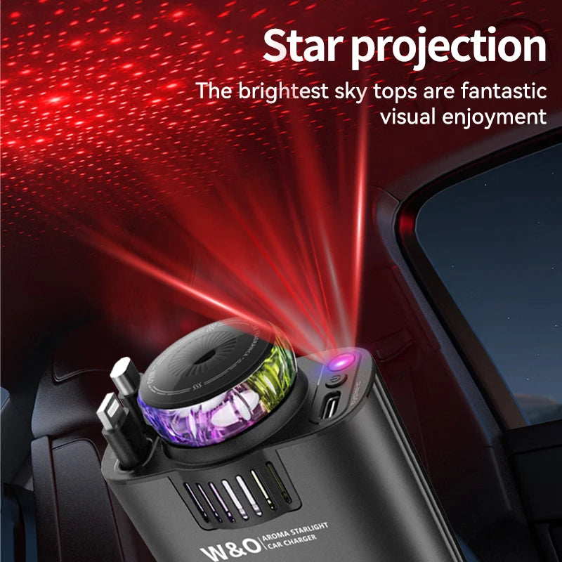 5-In-1 PD45W Car Fast Charger USB Type-C Power Adapter Retractable Phone Charger with Roof Starlight Aromatherapy for IOS Androi