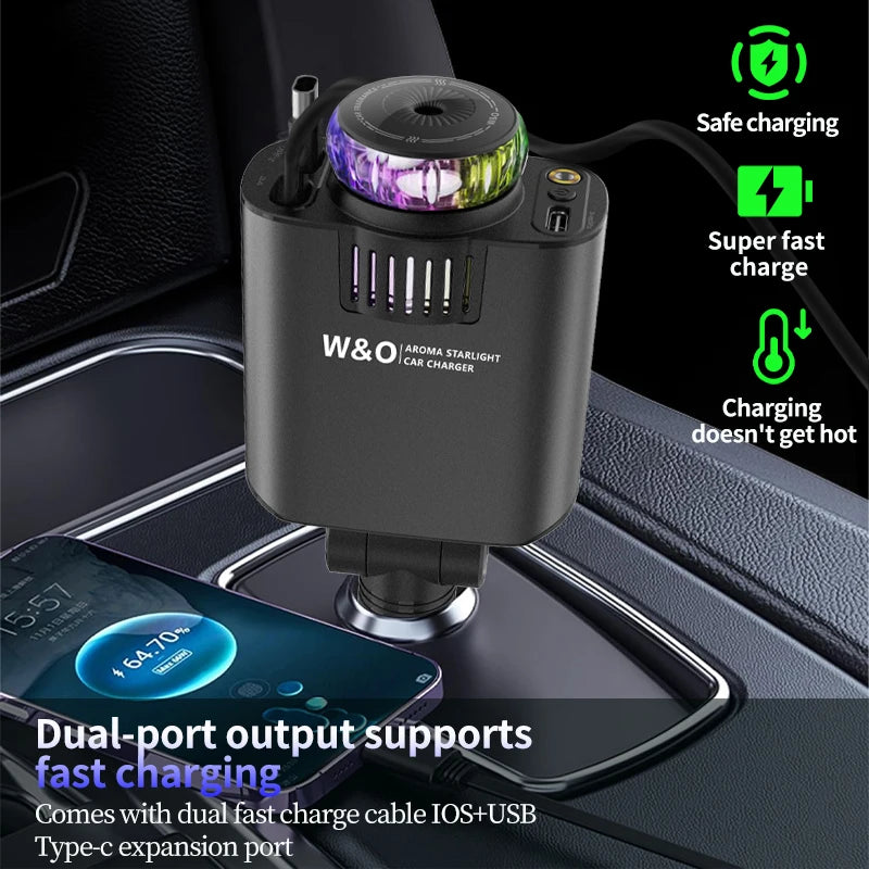 5-In-1 PD45W Car Fast Charger USB Type-C Power Adapter Retractable Phone Charger with Roof Starlight Aromatherapy for IOS Androi