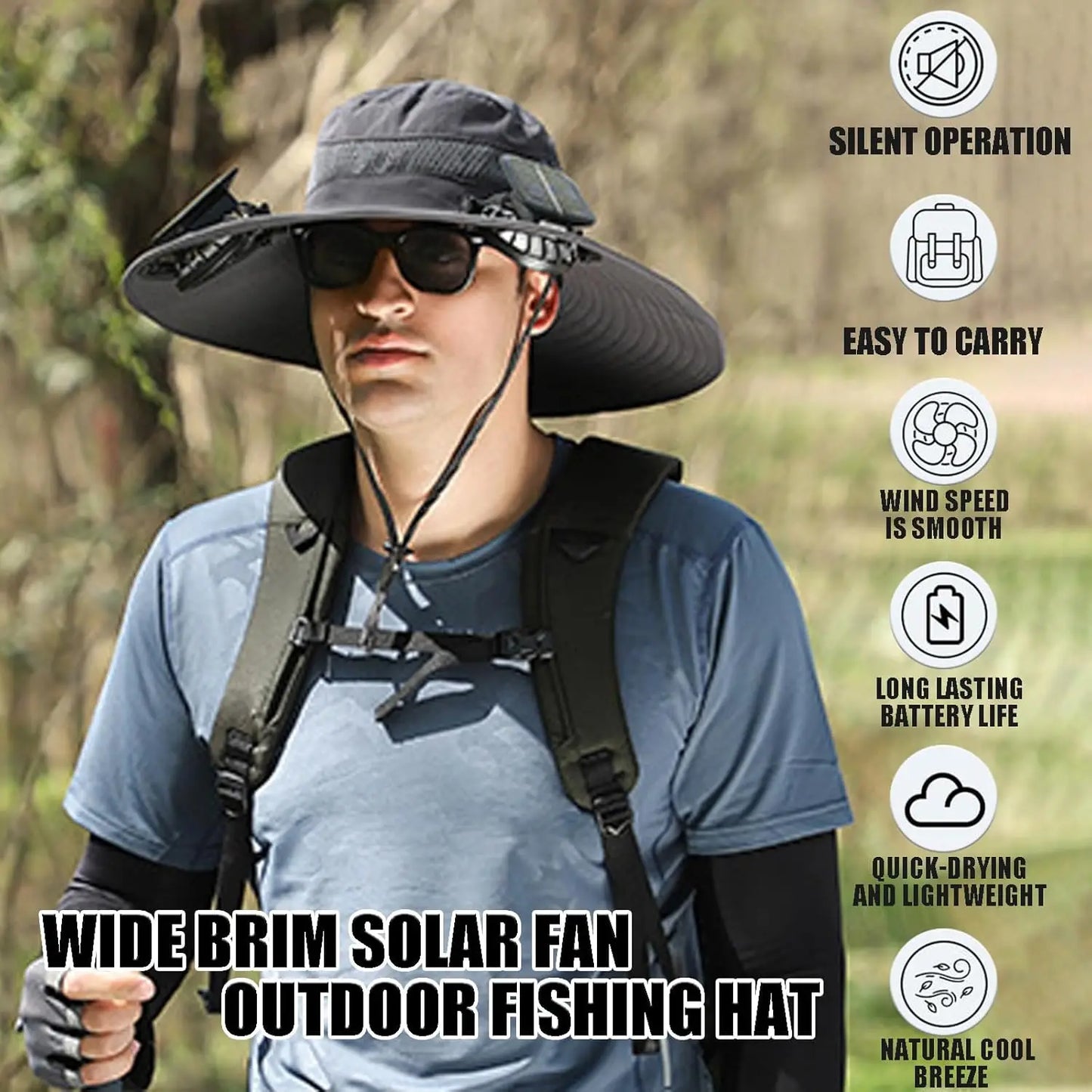 Wide Brim Solar Fan Outdoor Fishing Hat,Men Sun Hat with 2 Solar Fan Fishing Hats