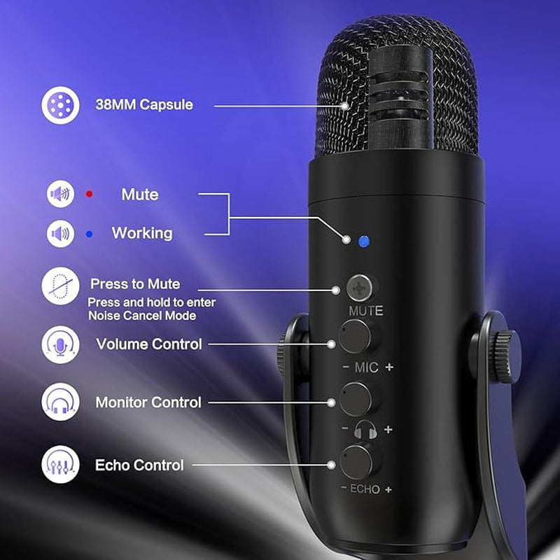 Haomuren K66 USB Condenser Microphone,Computer PC Gaming Mic,Plug&Play Microphones for PS 4&5.Monitor Adjust&Volume Control,Mic Gain Control,Mute Button for Tiktok,Youtube Podcast on Mac&Windows, Gift for Festival Audio Black