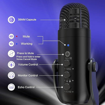 Haomuren K66 USB Condenser Microphone,Computer PC Gaming Mic,Plug&Play Microphones for PS 4&5.Monitor Adjust&Volume Control,Mic Gain Control,Mute Button for Tiktok,Youtube Podcast on Mac&Windows, Gift for Festival Audio Black