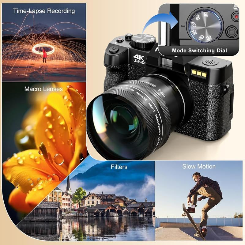 NBD Tiktokshopblackfriday 48MP Digital Cameras 4K 16X Zoom Travel Camera with 180° Flip Screen Auto Focus Macro Lens 2 Batteries 64GB TF Card Black Tech Gadgets Compact