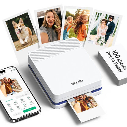 Nelko Pocket PP03 Instant Smartphone Inkjet Photo Printer with 100 Photo Papers, Portable Mini Color Wireless Mobile Printer, Bluetooth Compatible with Ios & Android Devices, Fun Editing App