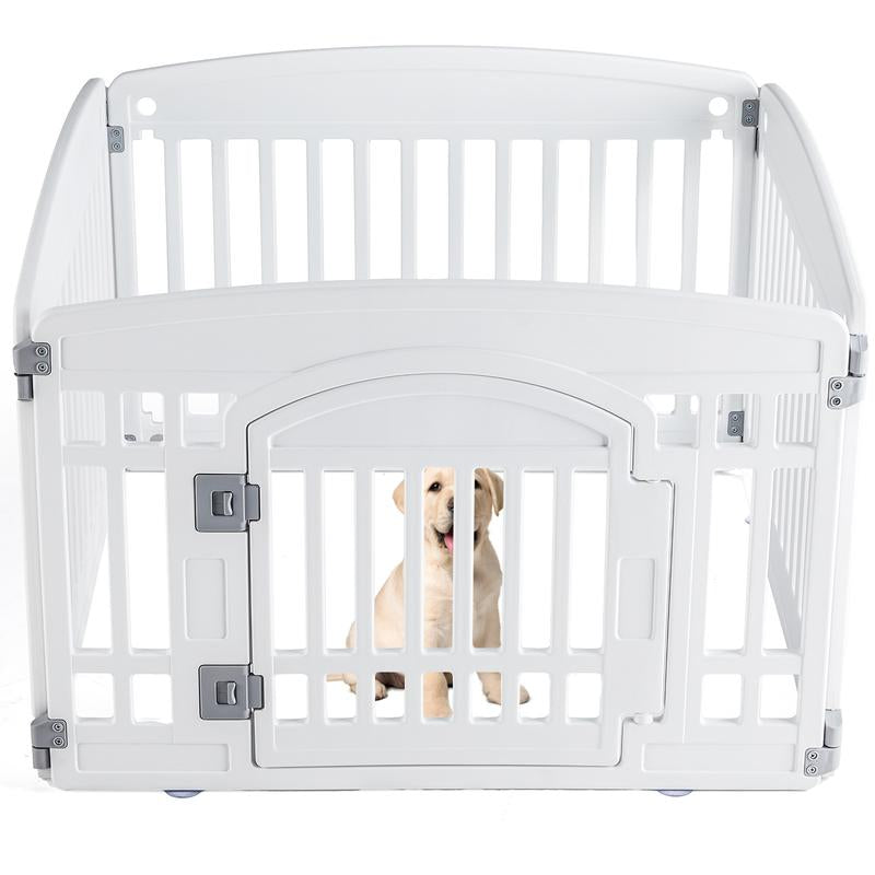 White Foldable Pet Playpen for Indoor & Outdoor Use | 4 Panels with Door | Dense Bite-Resistant Non-Toxic Plastic | Safe Play Area for Small to Medium Dogs & Cats