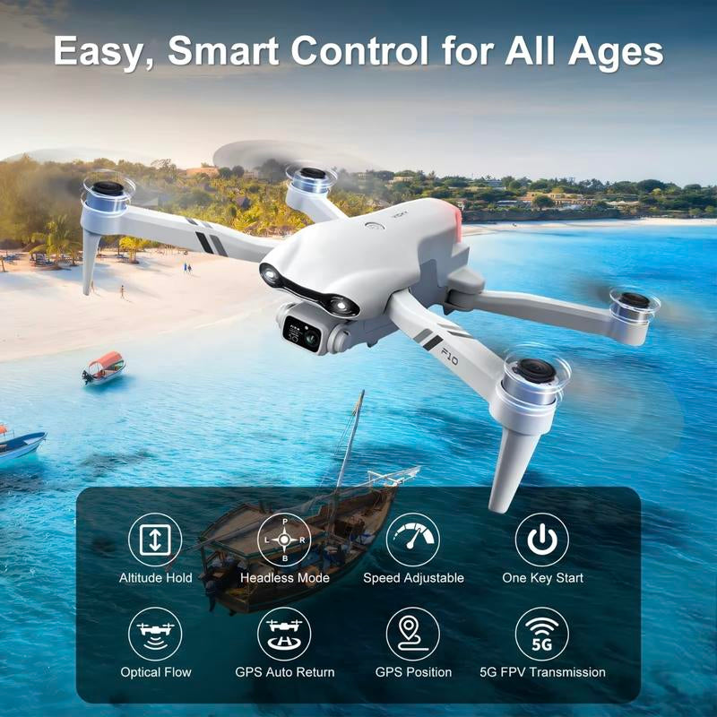 Aerial Drone 2025 F10 Pro with 1080P UHD Camera GPS 5G Wifi FPV Brushless Motors Optical Flow Smart Obstacle Avoidance Auto Return 360° Stunt Roll Dual Batteries