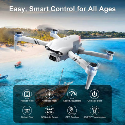 Aerial Drone 2025 F10 Pro with 1080P UHD Camera GPS 5G Wifi FPV Brushless Motors Optical Flow Smart Obstacle Avoidance Auto Return 360° Stunt Roll Dual Batteries
