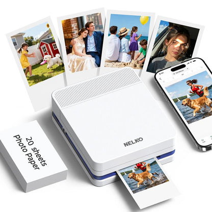 Nelko Pocket PP03 Instant Smartphone Inkjet Photo Printer with 100 Photo Papers, Portable Mini Color Wireless Mobile Printer, Bluetooth Compatible with Ios & Android Devices, Fun Editing App
