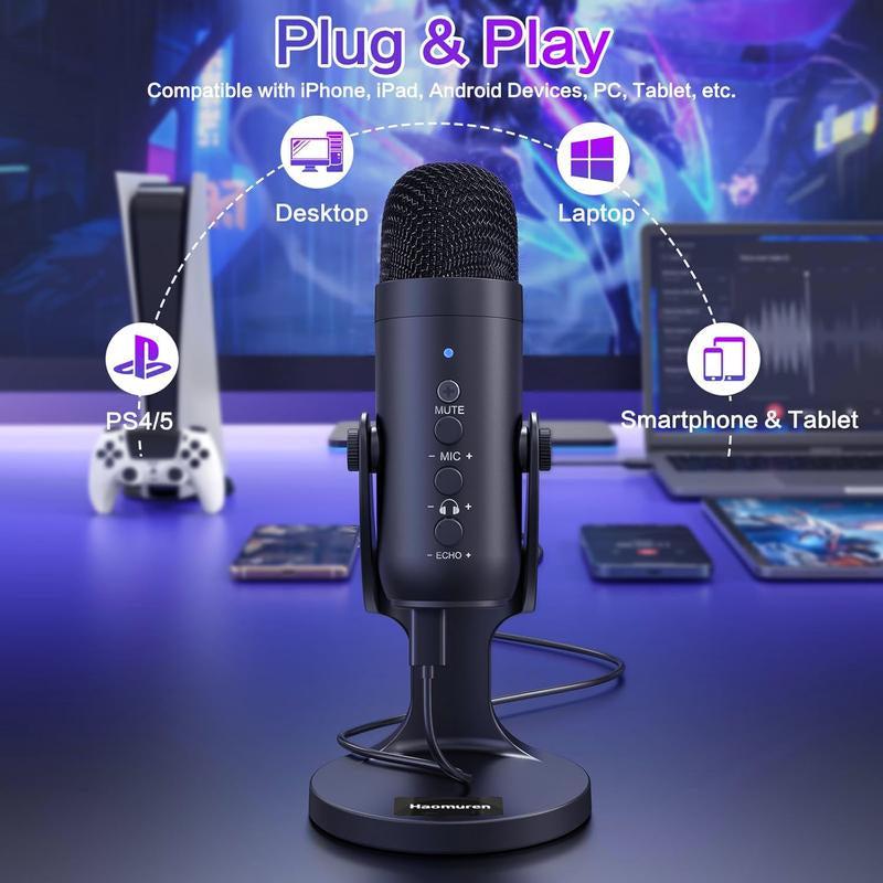 Haomuren K66 USB Condenser Microphone,Computer PC Gaming Mic,Plug&Play Microphones for PS 4&5.Monitor Adjust&Volume Control,Mic Gain Control,Mute Button for Tiktok,Youtube Podcast on Mac&Windows, Gift for Festival Audio Black