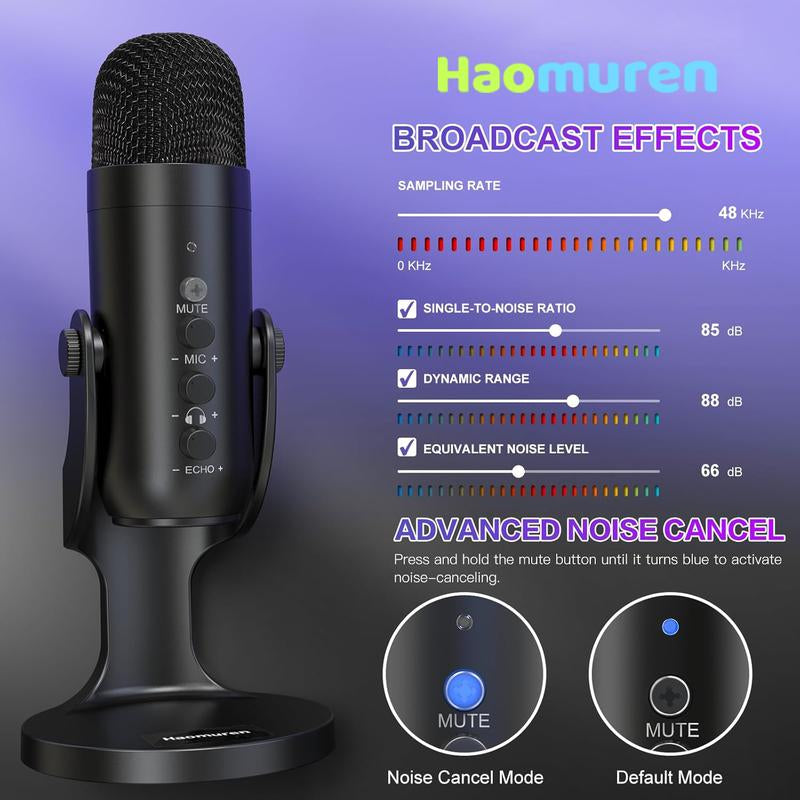 Haomuren K66 USB Condenser Microphone,Computer PC Gaming Mic,Plug&Play Microphones for PS 4&5.Monitor Adjust&Volume Control,Mic Gain Control,Mute Button for Tiktok,Youtube Podcast on Mac&Windows, Gift for Festival Audio Black