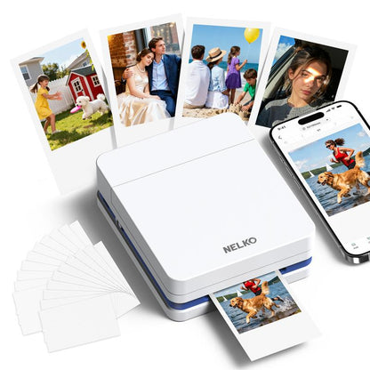 Nelko Pocket PP03 Instant Smartphone Inkjet Photo Printer with 100 Photo Papers, Portable Mini Color Wireless Mobile Printer, Bluetooth Compatible with Ios & Android Devices, Fun Editing App