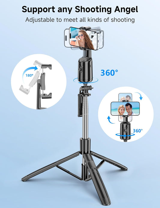 66" Auto Face Tracking Tripod for Iphone, 360° Rotation Face Body Phone Tripod Stand with Remote, Smart Shooting Holder Camera Selfie Stick for Tiktok Vlog Video Recording, Gesture Control, No App