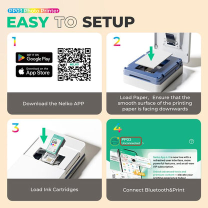 Nelko Pocket PP03 Instant Smartphone Inkjet Photo Printer with 100 Photo Papers, Portable Mini Color Wireless Mobile Printer, Bluetooth Compatible with Ios & Android Devices, Fun Editing App